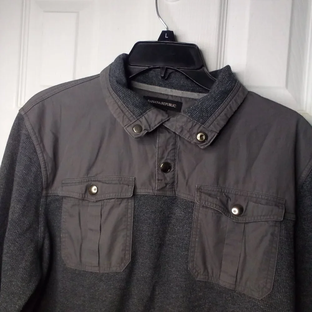 Banana Republic Shirt Men L Long Sleeve Pockets Top Snap Gray